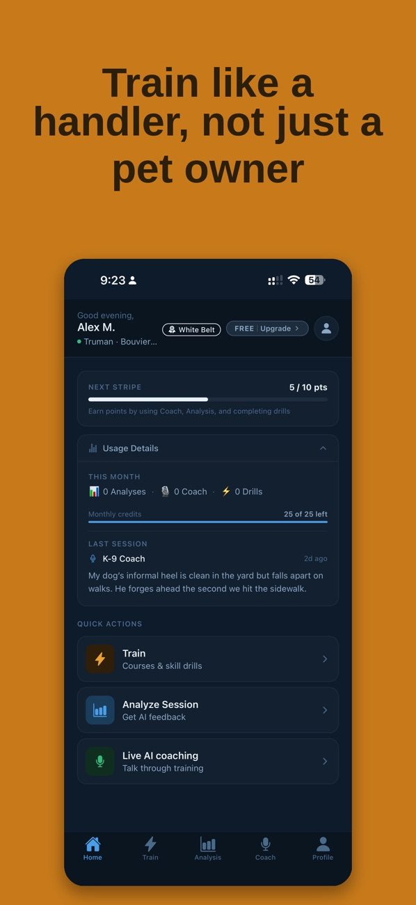 K-9 Handler Academy home screen with belt progress, usage and quick actions